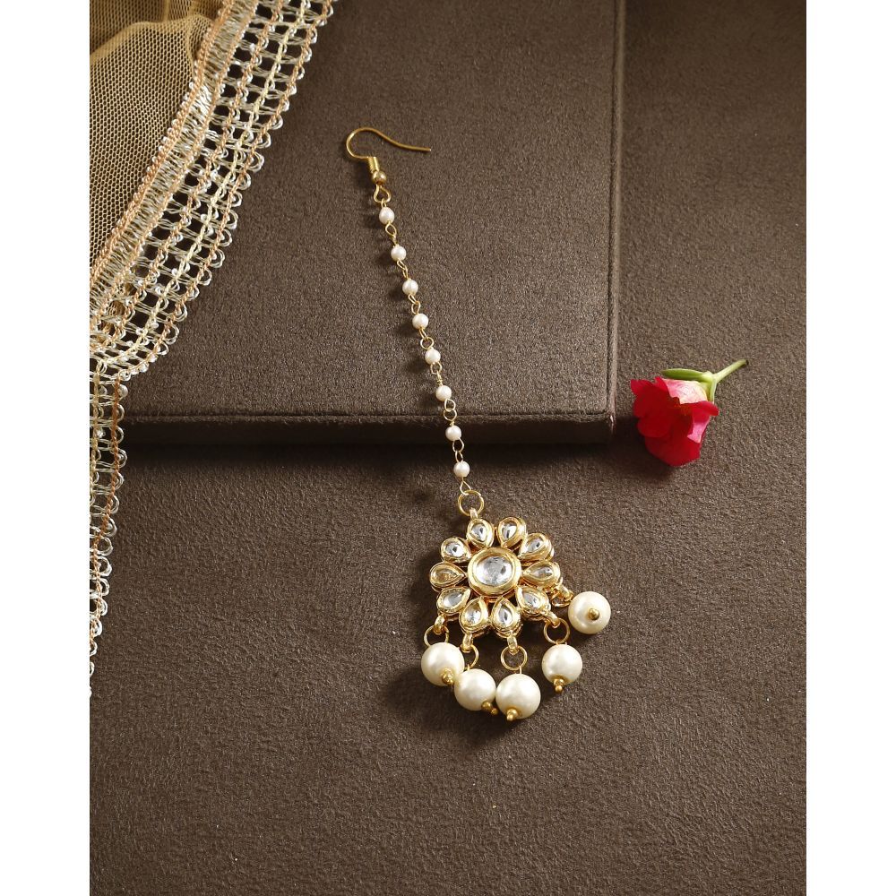 Bamboo Tree Jewels White Beaded Pearl Kundan Maang Tika