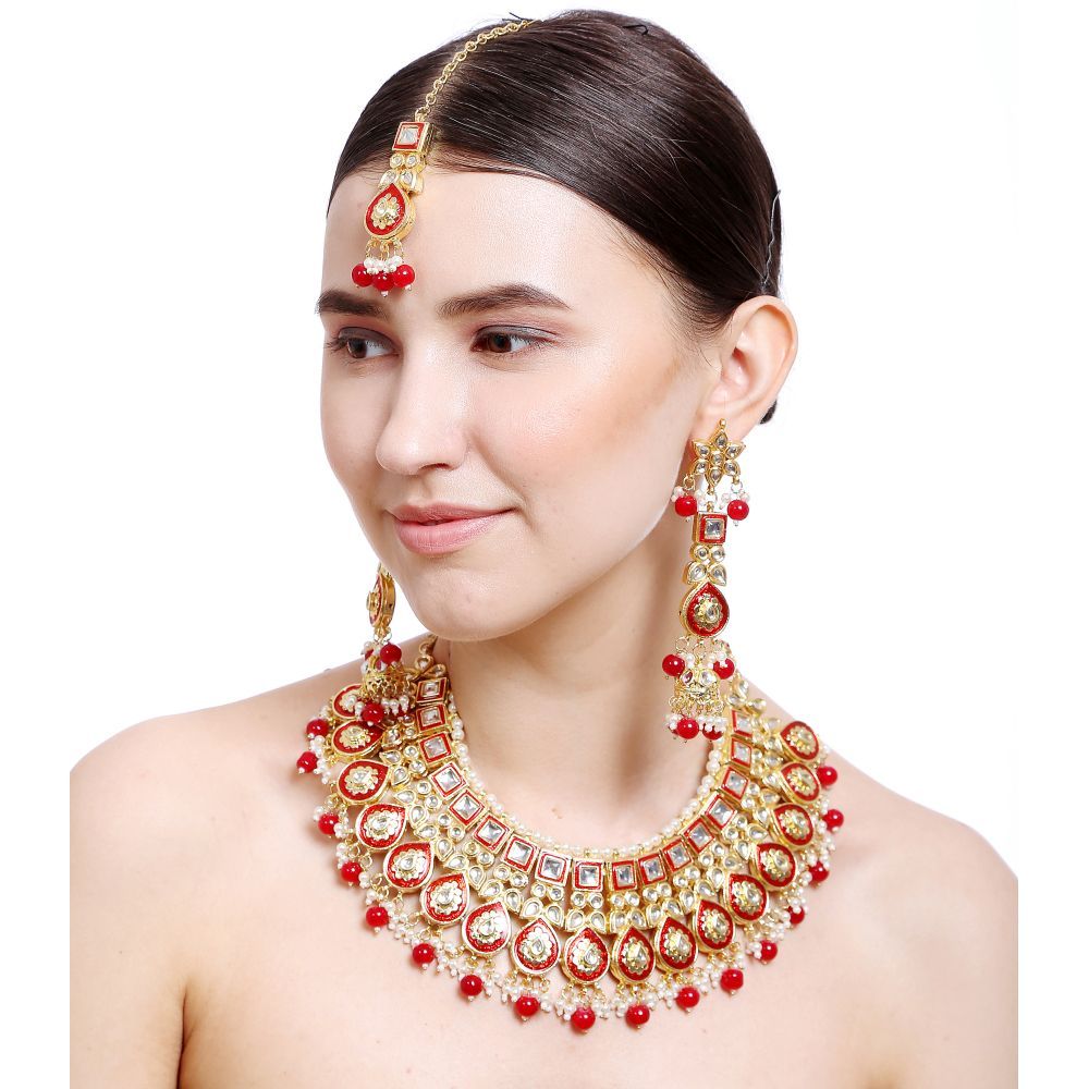 Bamboo Tree Jewels Red Beads Kundan Necklace Earring Maang tika Set
