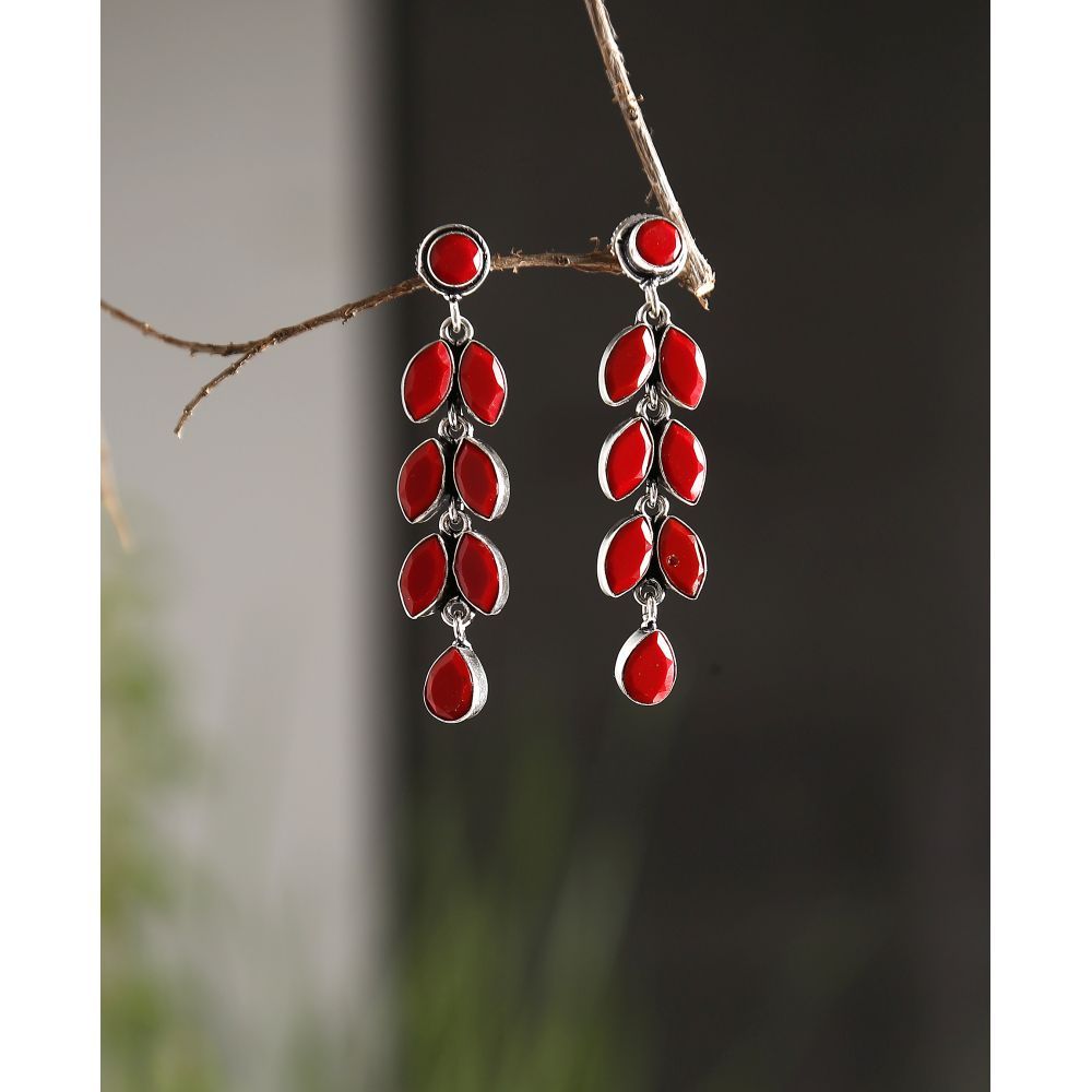 Bamboo Tree Jewels Red Stone Classic Drop SilverTonded Earrings
