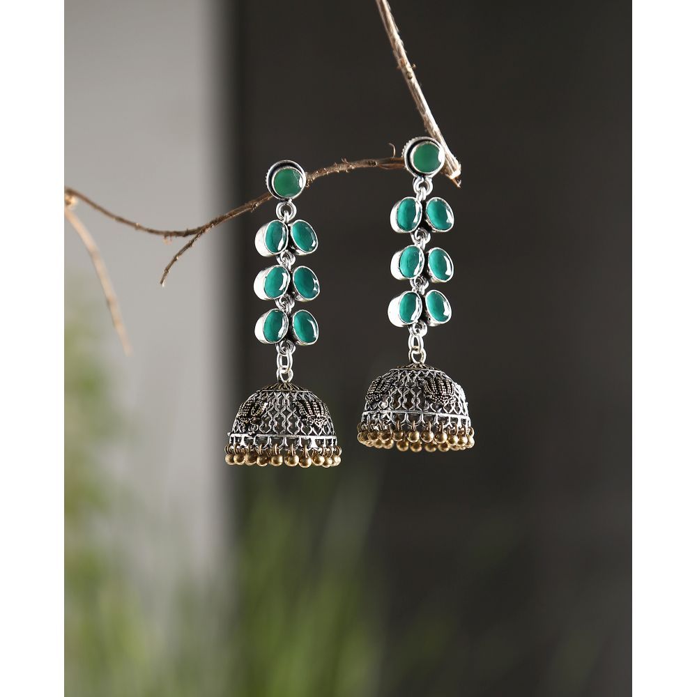 Bamboo Tree Jewels Green Stone Dome Shaped Handcrafted Gold & Silver