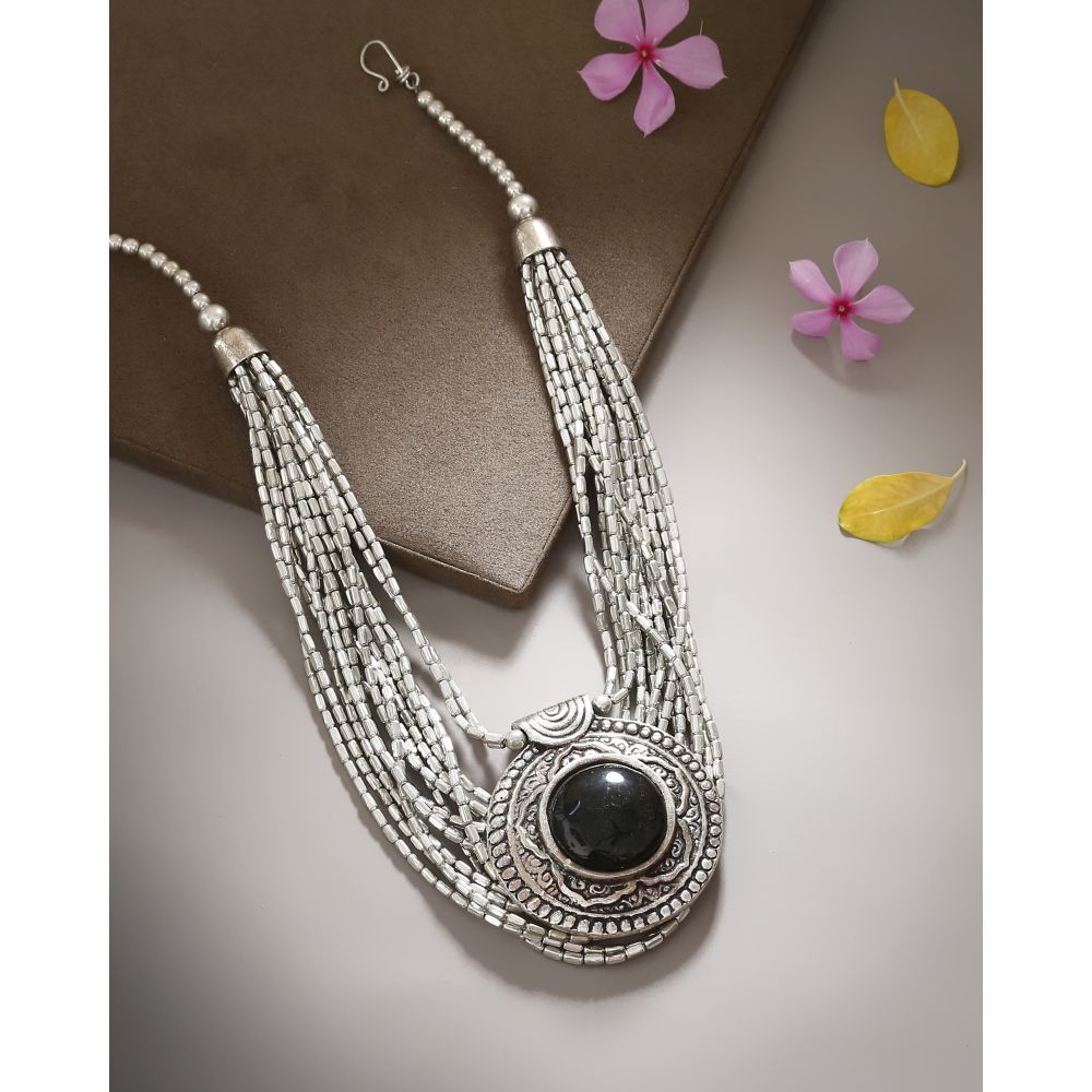 Bamboo Tree Jewels Black Stone & SilverToned Handcrafted Necklace