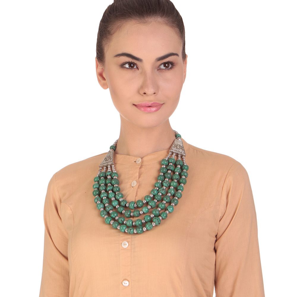 Bamboo Tree Jewels Green & Silver Color Beads Long Necklace