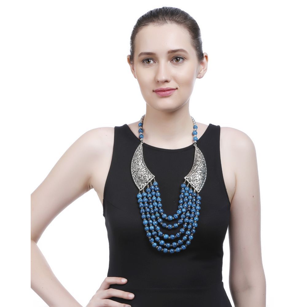 Bamboo Tree Jewels Blue & Silver Color Beads Long Necklace