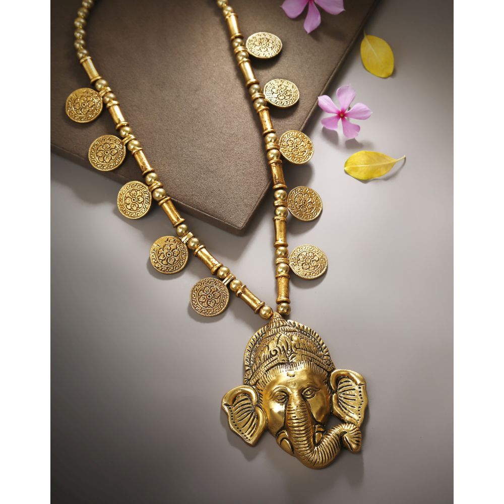 Bamboo Tree Jewels Ganesh Design Golden Color Beads Long Necklace