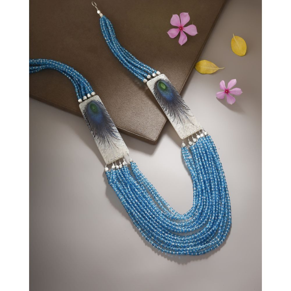 Bamboo Tree Jewels Blue & White Color Beads Long Necklace