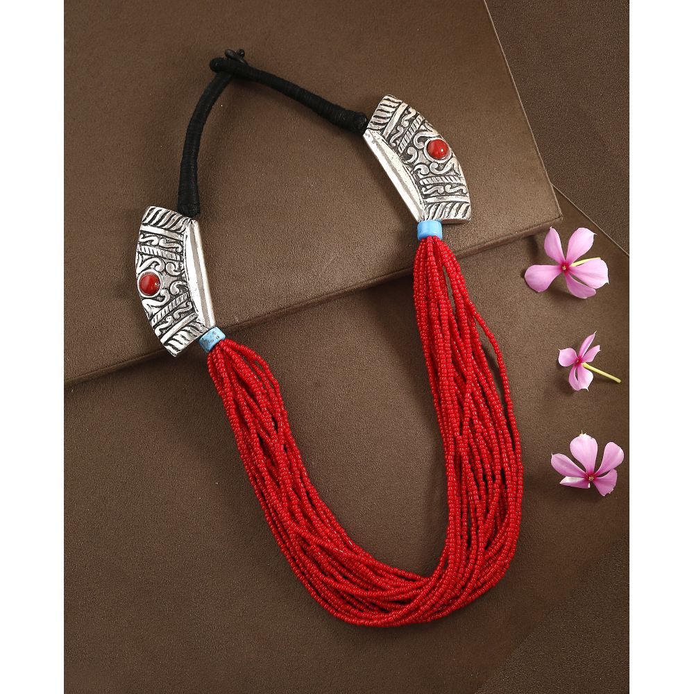 Bamboo Tree Jewels Red & Silver Color Beads Long Necklace