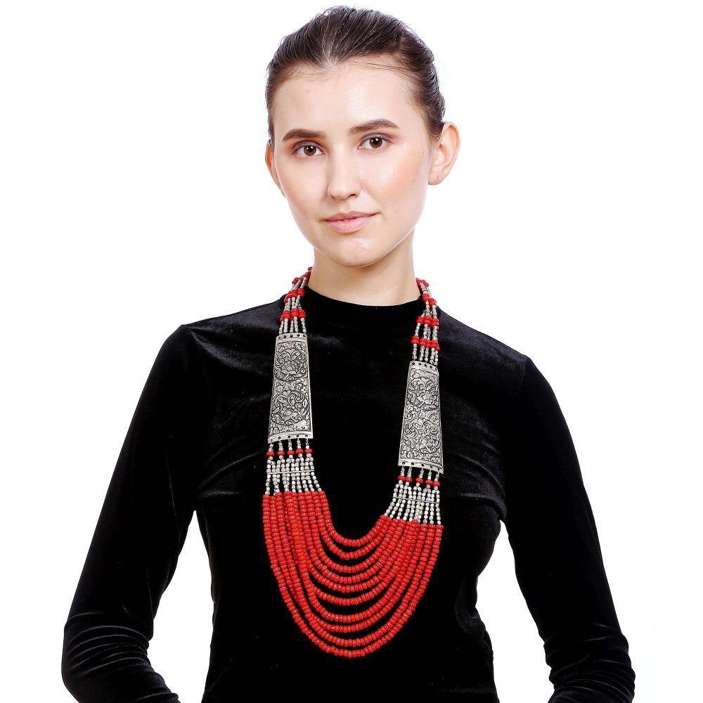 Bamboo Tree Jewels Red & Silver Color Beads Long Necklace