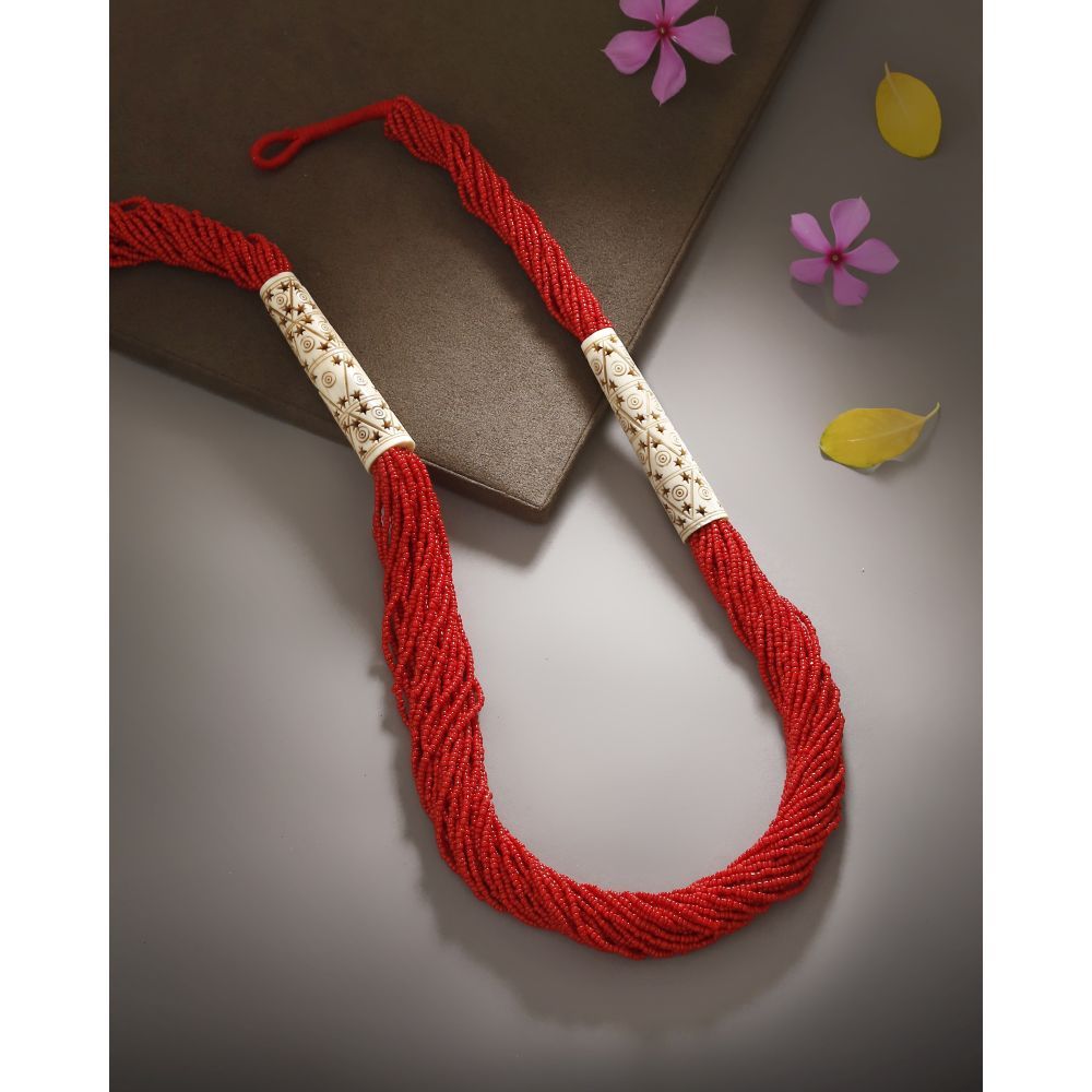 Bamboo Tree Jewels Red & White Color Long Beaded Necklace