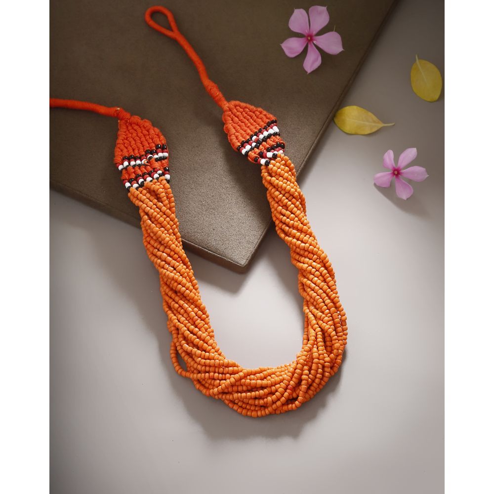 Bamboo Tree Jewels Orange Color Beaded Thread Long Necklace