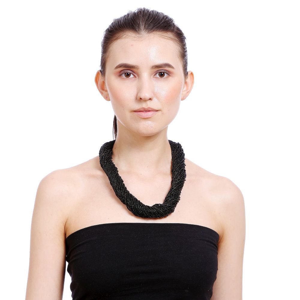 Bamboo Tree Jewels Black Color Beaded Thread Necklace