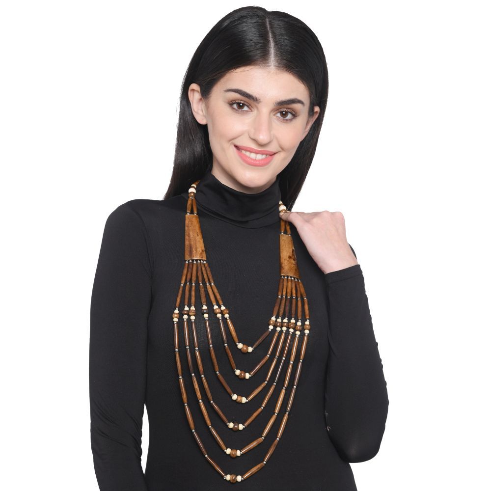 Bamboo Tree Jewels White & Brown Color Raisin And Wood Long Necklace