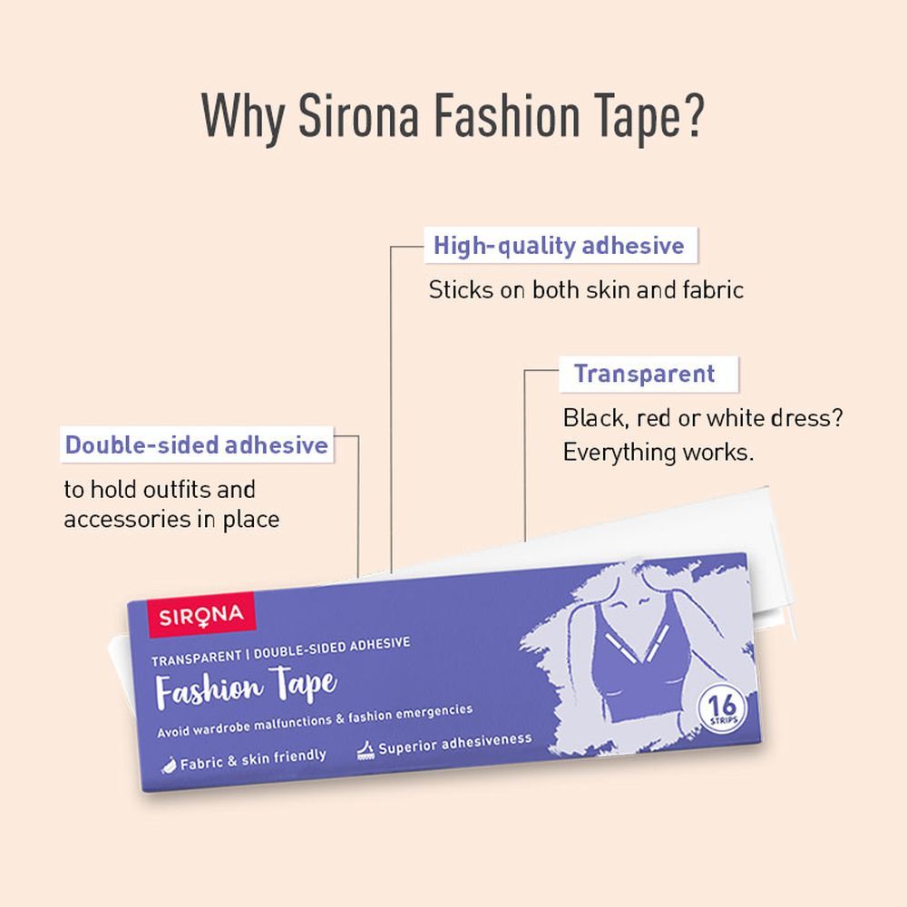 Sirona Women Fashion Tape Double Stick Strips  16 Strips | For Clothing &  Body, Strong and Clear Tape for All Skin Tones and Fabric | Waterproof &  Sweat proof | Bra Tape Strips