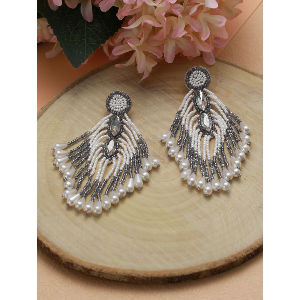 Jazz And Sizzle Grey & White Beaded Drop Earrings