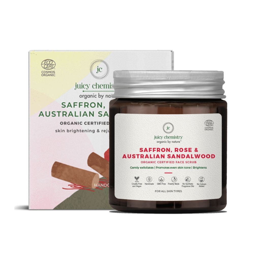Juicy Chemistry Saffron, Rose & Sandalwood Scrub for Skin Brightening, 75g Certified Organic