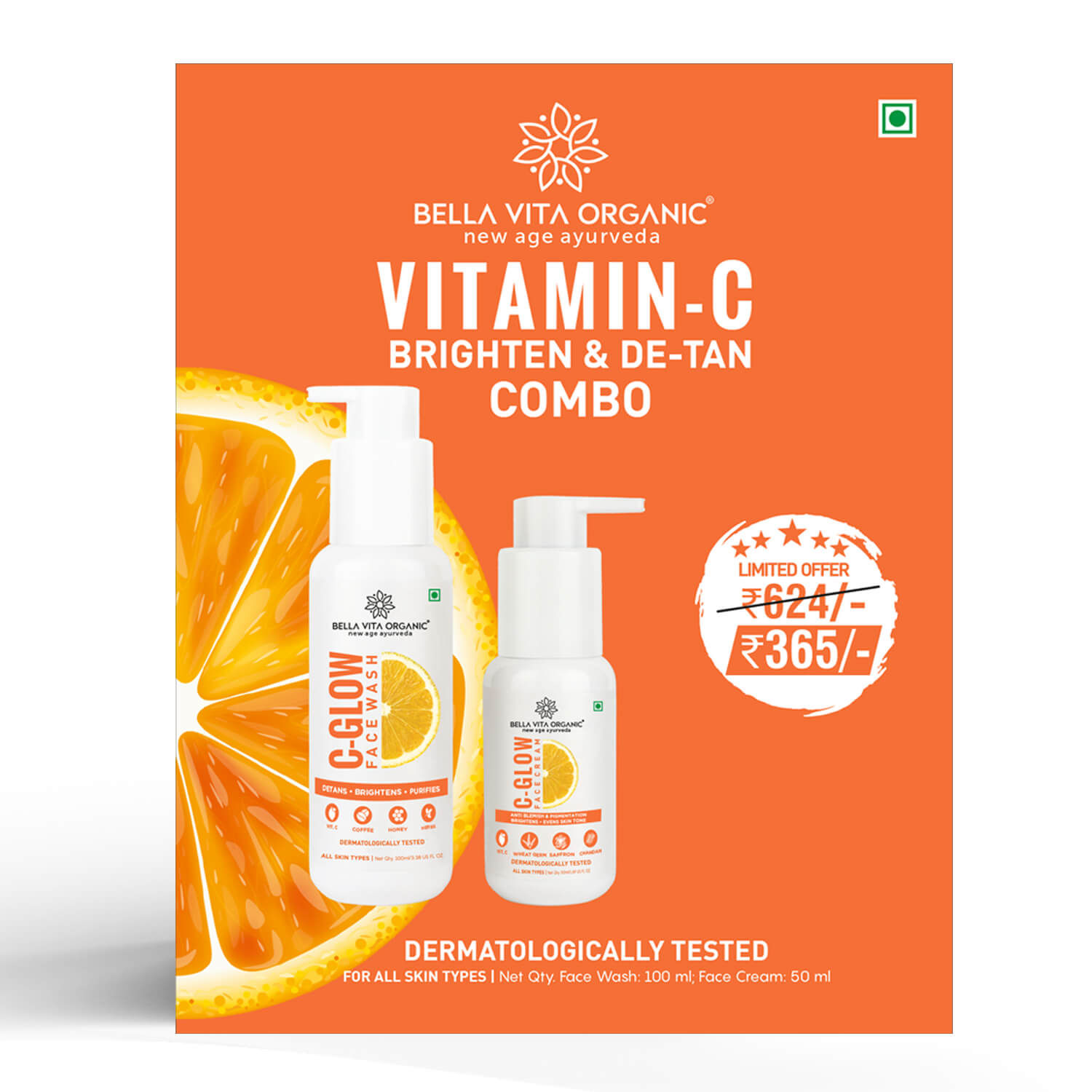 Bella Vita Organic Vitamin C Skincare Duo with Face Wash and Face Cream for Glowing Skin & Even