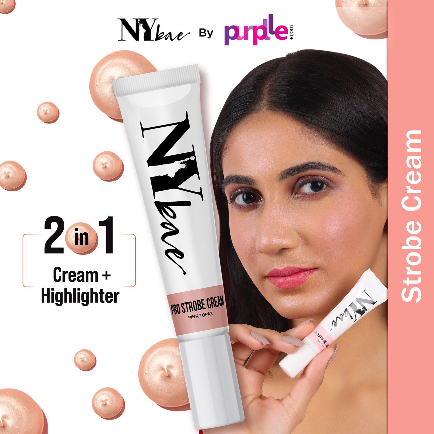 NY Bae Pro Strobe Cream | Primer | Highlighter | Moisturizer | Glowing Korean Skin | Pink Topaz (12 g)