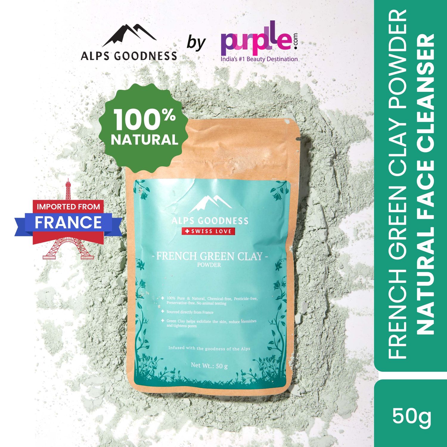 Alps Goodness French Green Clay Powder (50 gm)| 100% Natural Powder | Clay Mask for pores tightening | Clay Mask for face | Detoxifying Clay Mask