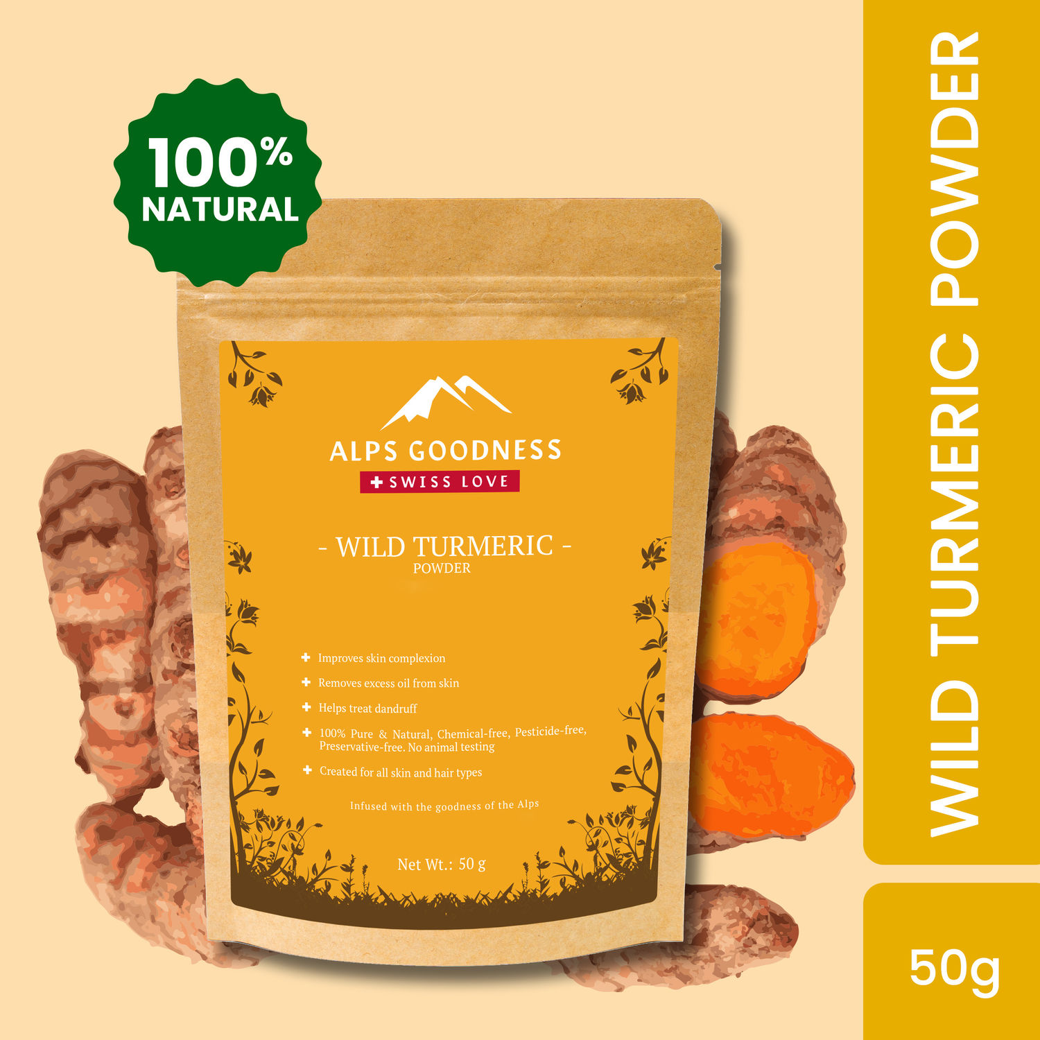 Alps Goodness Powder - Wild Turmeric (50 gm)| Kasturi Haldi Powder| Wild Turmeric powder| 100% Natural Powder | No Chemicals, No Preservatives, No Pesticides | Face Mask for Even Toned Skin | Face Mask for Glow