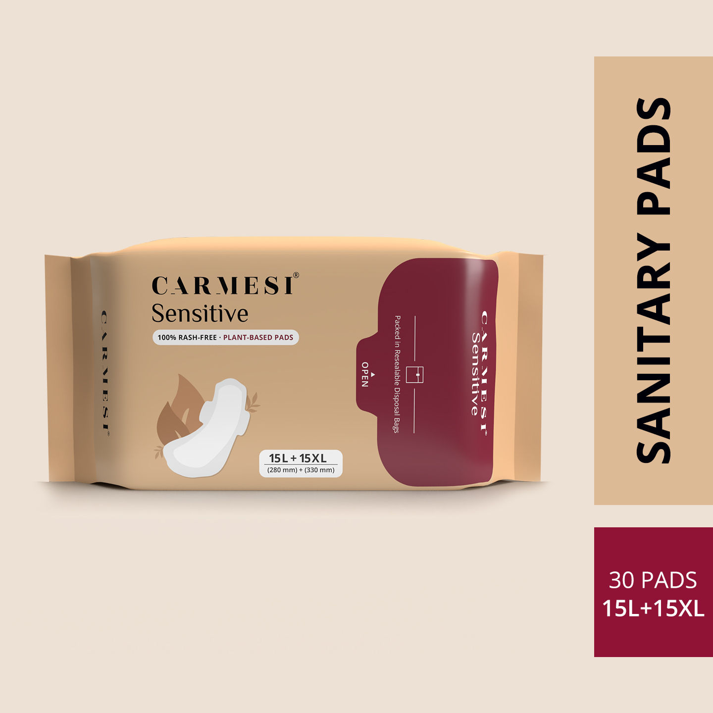 Buy Carmesi Sensitive Sanitary Pads for RashFree Periods (15 Large + 15 XL) Online Purplle