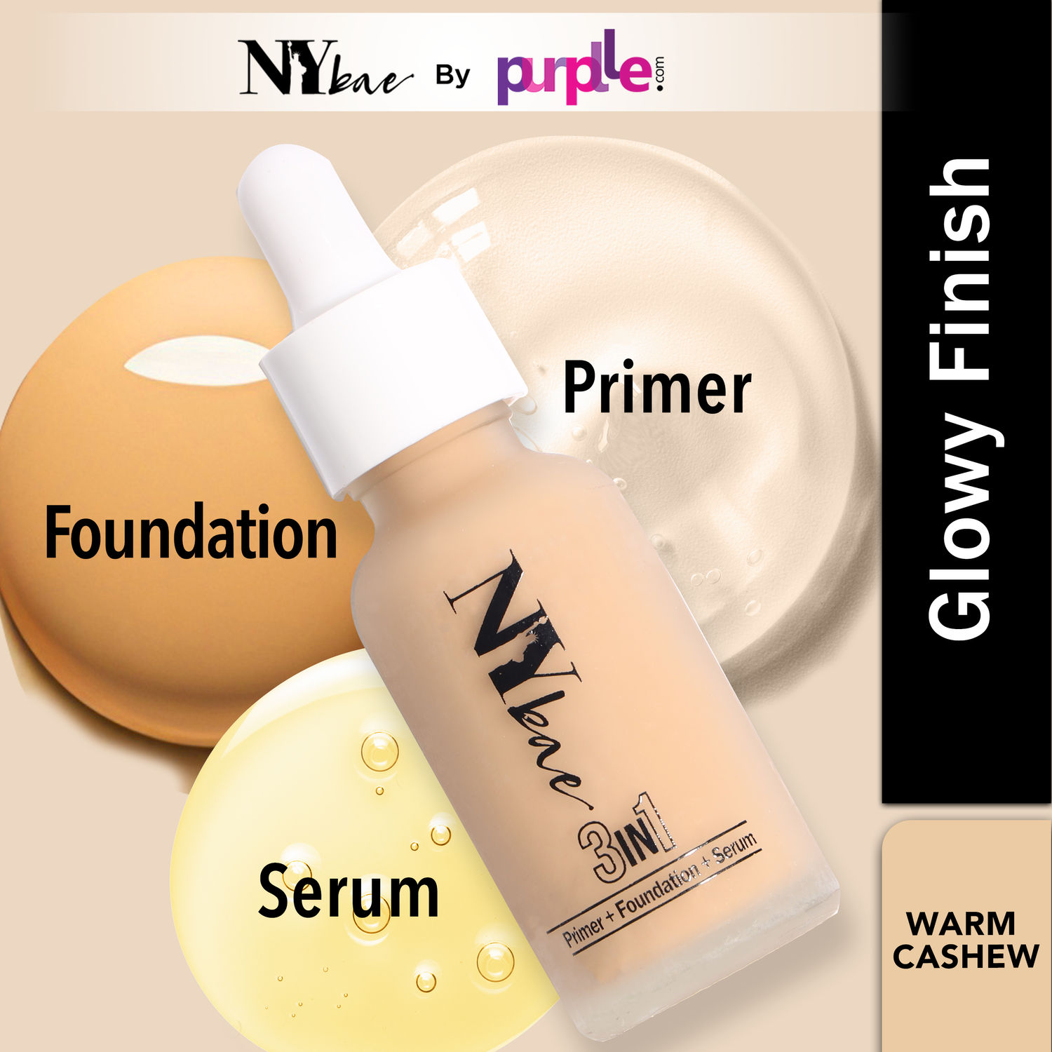 NY Bae 3 in 1 Serum Foundation with Primer | Warm Cashew 03 | Moisturising | Glowing Korean Skin | Fair Skin Tone - 30 ml