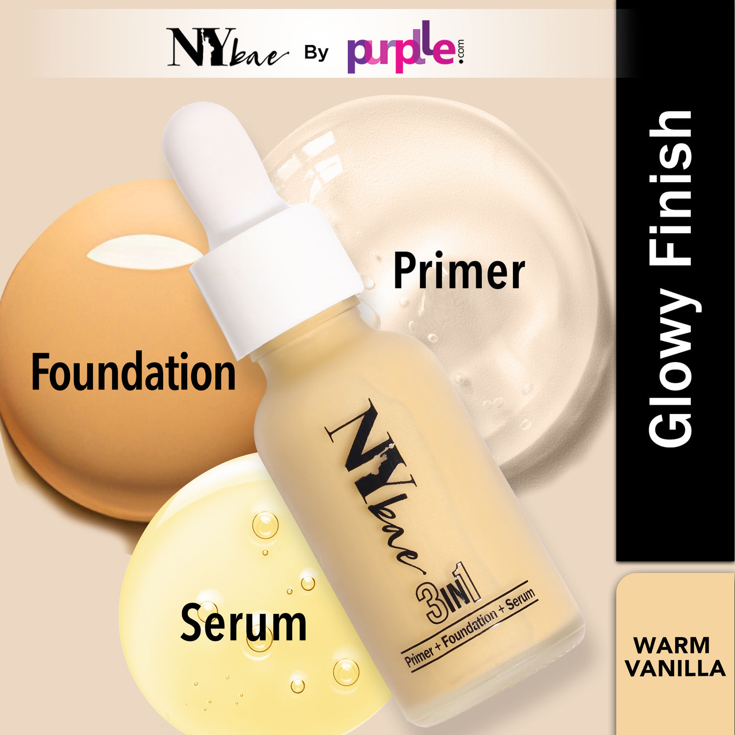 NY Bae 3 in 1 Serum Foundation with Primer | Warm Vanilla 01 | Moisturising | Glowing Korean Skin | Very Fair Skin Tone - 30 ml