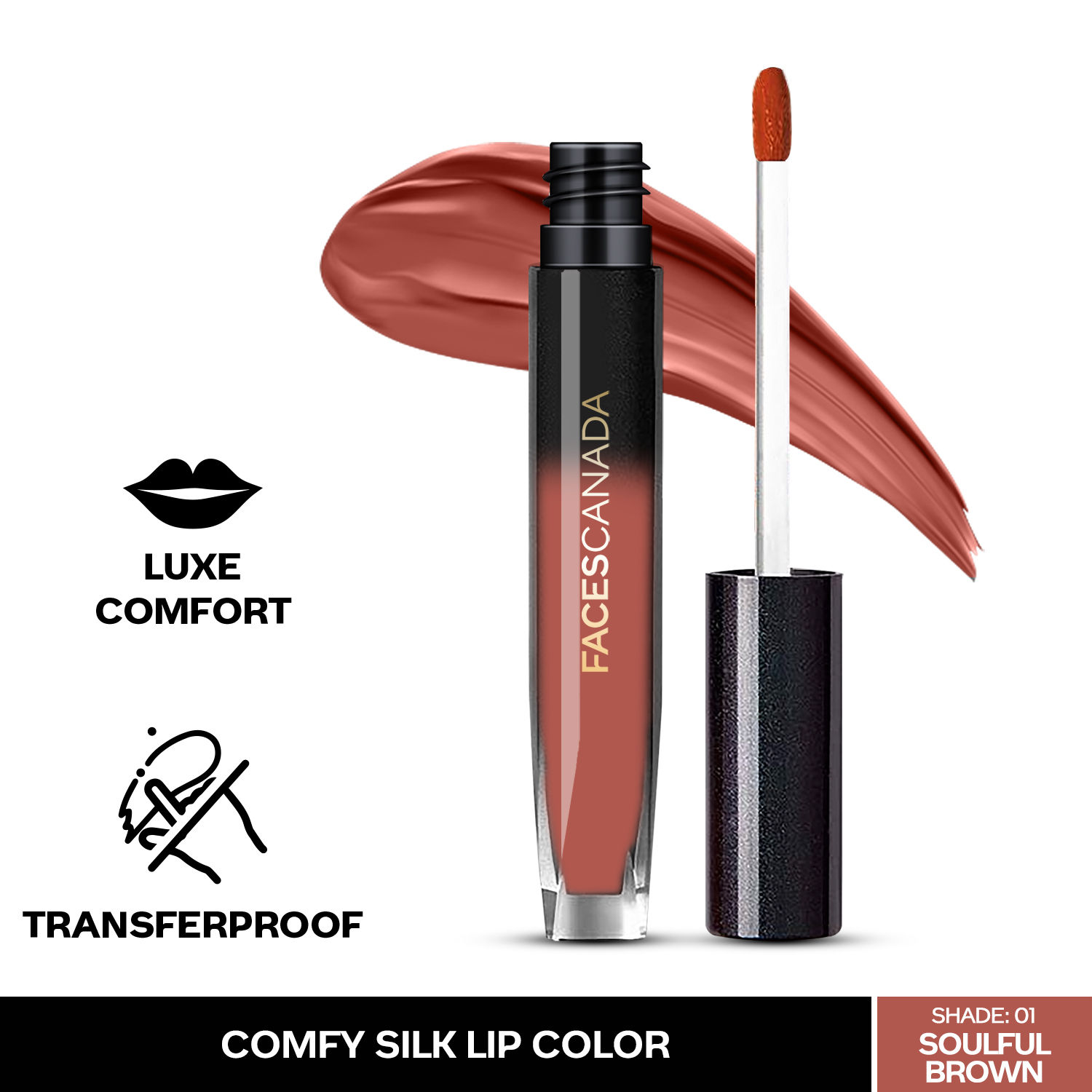 Faces Canada Comfy Silk Lip Color I Satin Matte HD Finish Liquid Lipstick I Mulberry Oil I Luxe Comfort I Longlasting I No Dryness | Alcohol, Paraben & Cruelty Free - Soulful Brown 01 | 3 ml