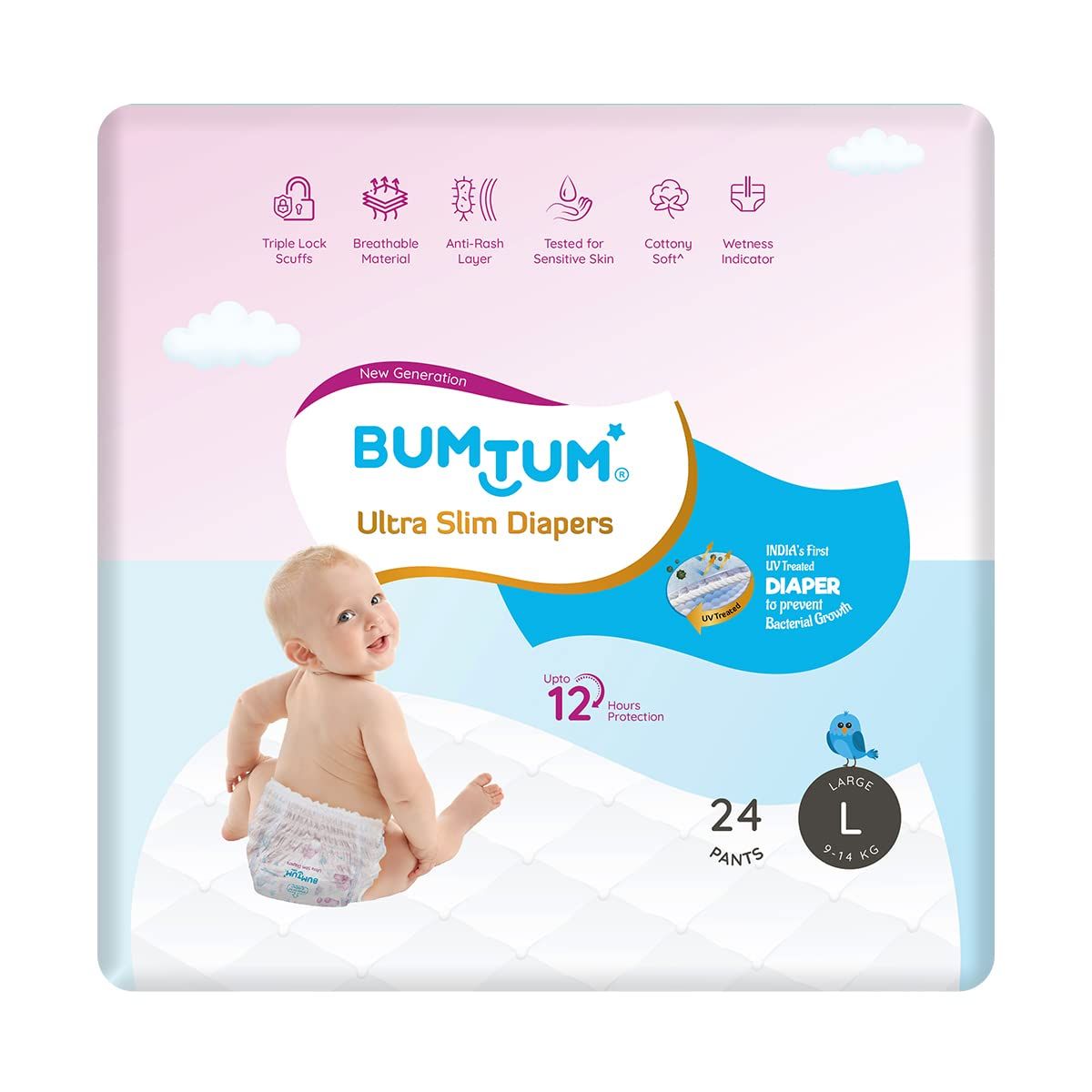 Bumtum Bumtum Baby Diaper Pants with Double Layer Leakage Protection  12  to 18 Kg 108 Count XLarge Pack of 2