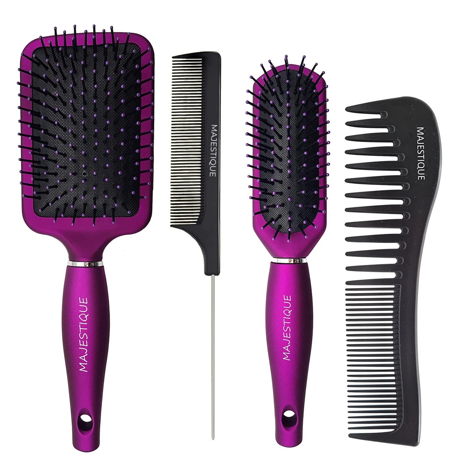 Majestique Paddle, Detangler Brush With Tail & Wide Tooth Comb Set Of 4