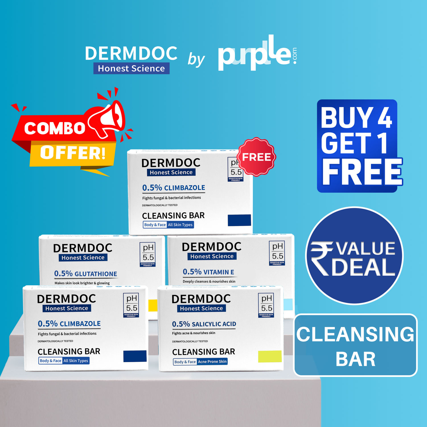 DERMDOC Combo Kit of 4+1 Cleansing Bars Value Pack 5x75g Cleansing