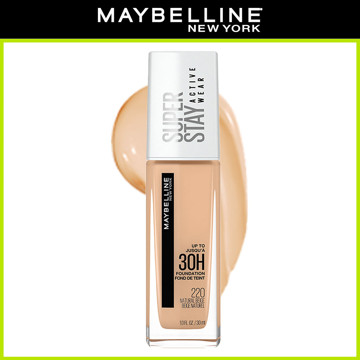 Maybelline New York Super Stay Full Coverage Active Wear Liquid Foundation,  Matte Finish with 30 HR Wear, Transfer Proof 220, Natural Beige, 30ml