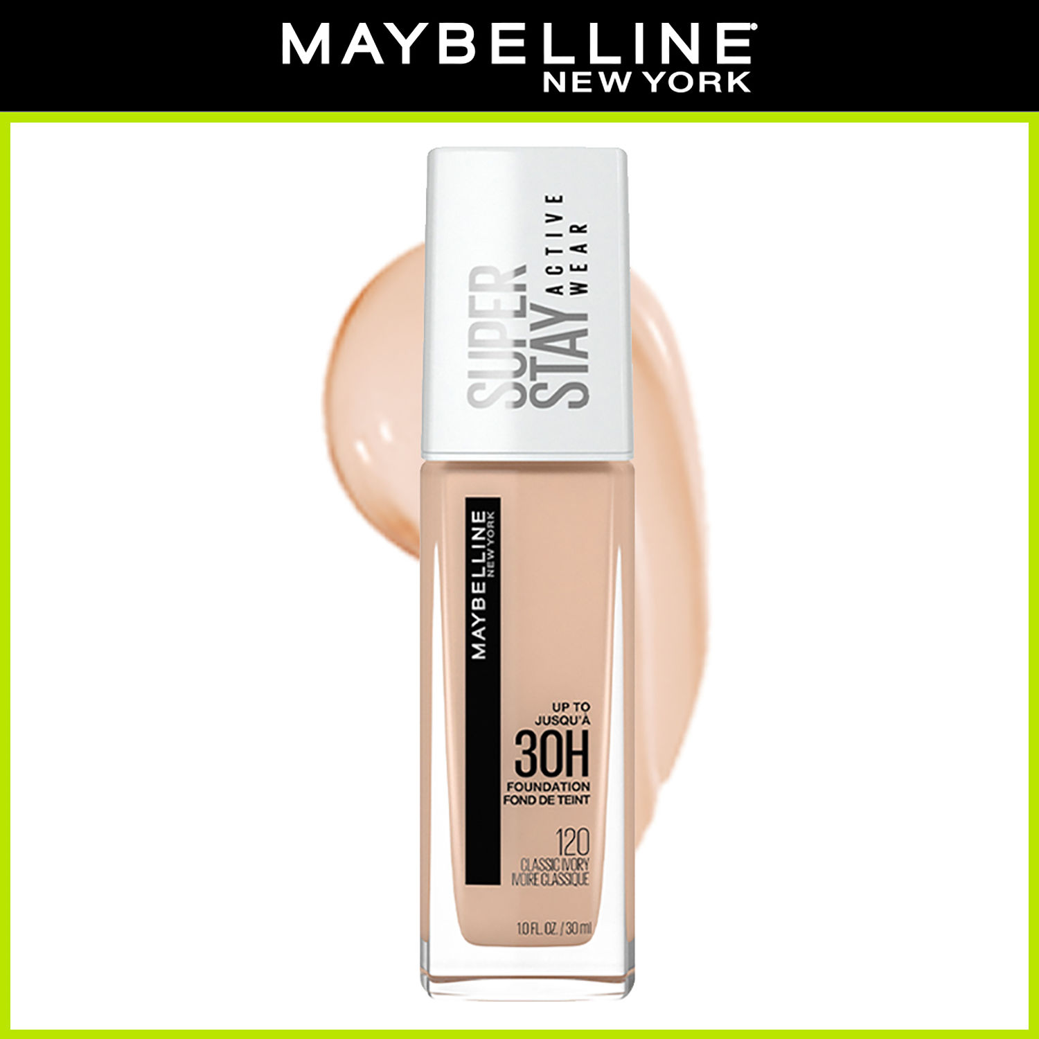 Maybelline New York Super Stay Full Coverage Active Wear Liquid Foundation,  Matte Finish with 30 HR Wear, Transfer Proof, 120, Classic Ivory, 30ml