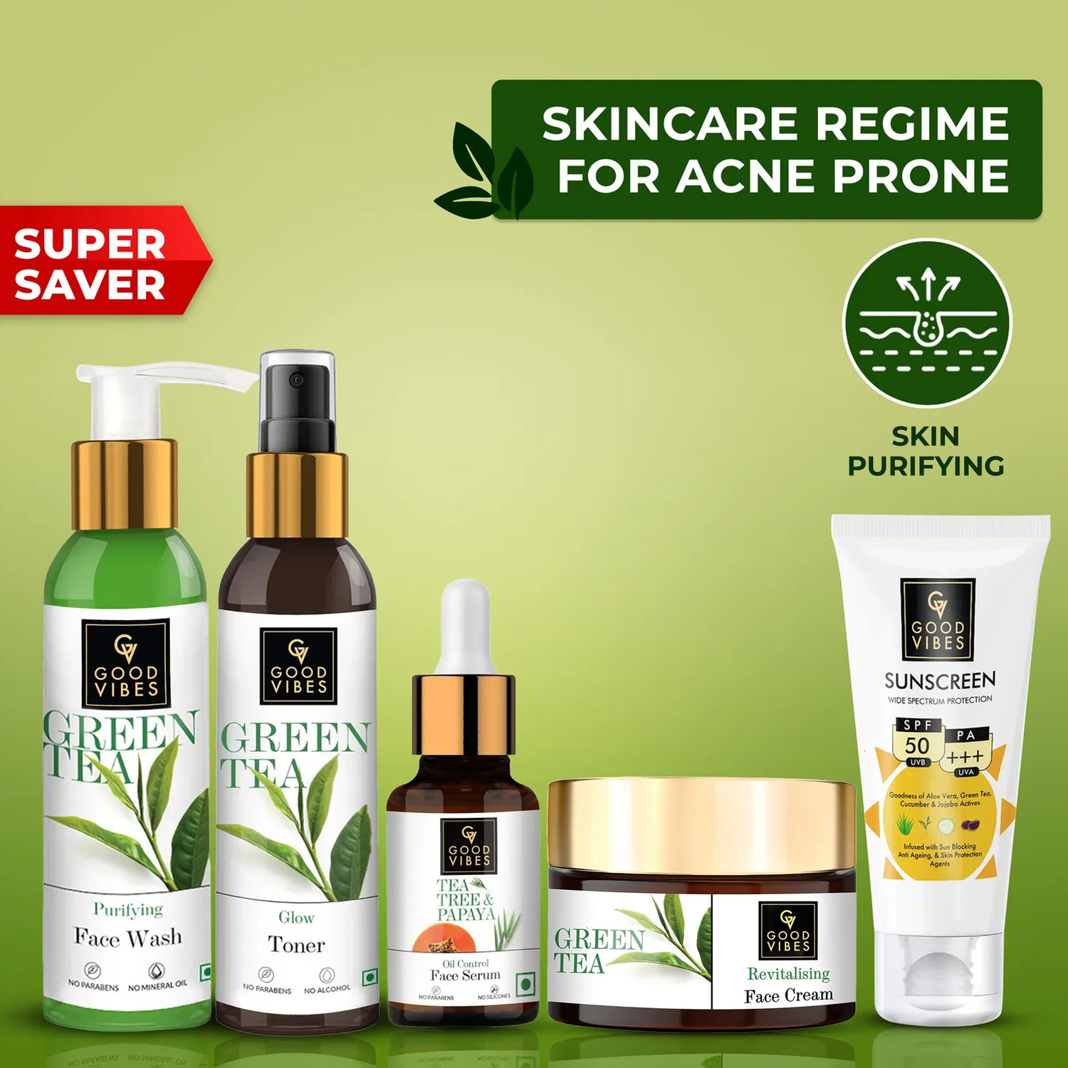 Good Vibes Skincare Regime For Acne Prone (Green Tea Face Wash 120 ml