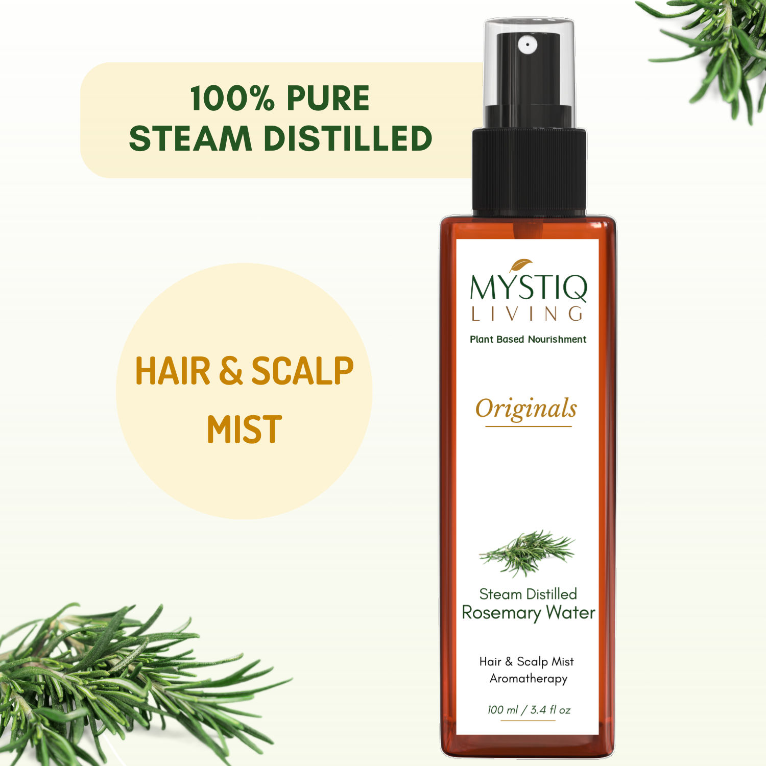 Mystiq Living Rosemary Water for Hair Growth, Mist Spray Steam