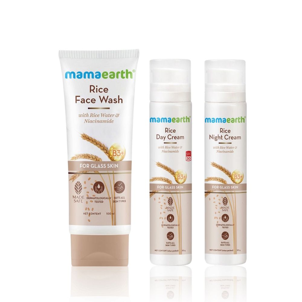 Mamaearth Glass Skin Day & Night Combo: Rice Face Wash (100 ml) + Rice ...