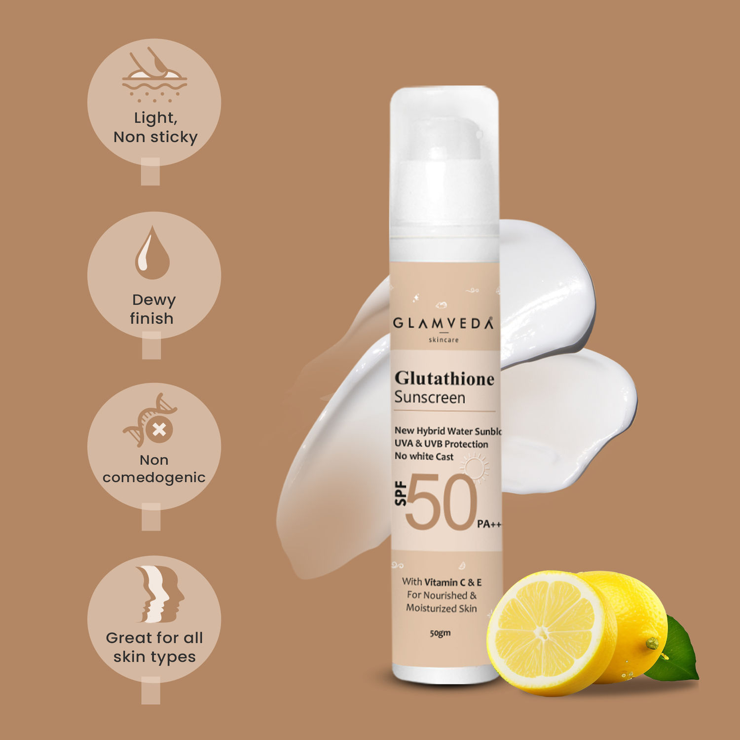 Glamveda Glutathione & Vitamin C Sunscreen SPF 50 Pa+++| Broad-spectrum  Sunscreen with advanced blue light filter | UVA/UVB Protection | No white  cast, Water resistant Ultra lightweight & non sticky| 50gm