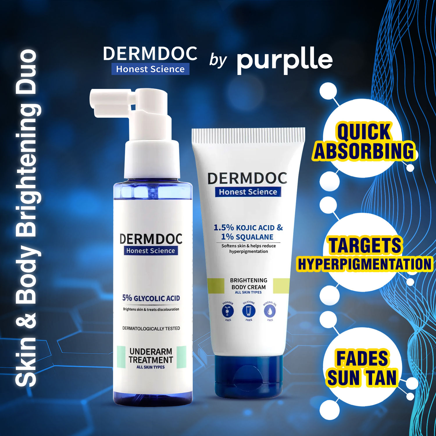 DERMDOC Skin and Body Brightening Combo 5 Glycolic Acid Underarm Brightening Spray (100 ml