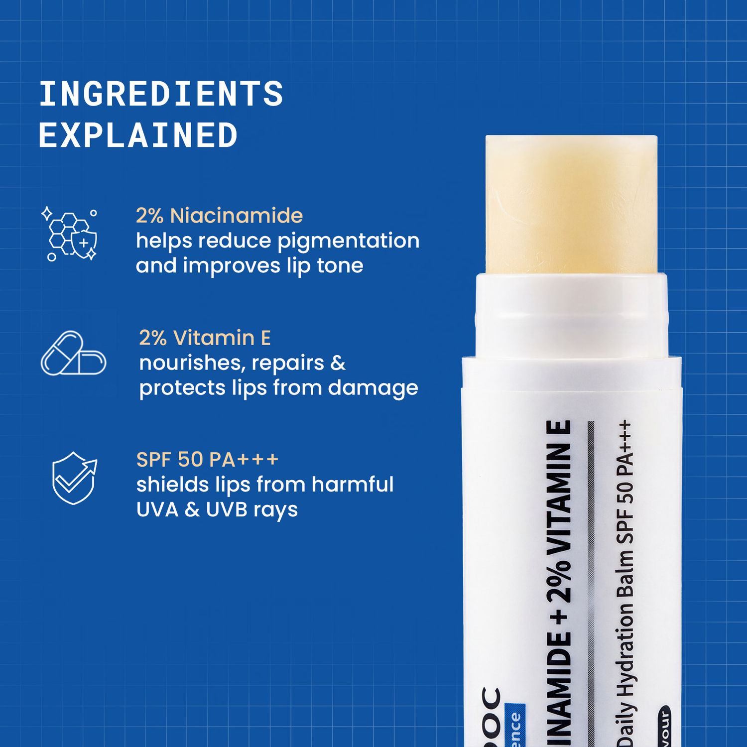lip balm with vitamin c and niacinamide DERMDOC 2% Niacinamide + 2% Vitamin E LipDefense Daily Hydration Lip Balm  SPF 50 4 gm