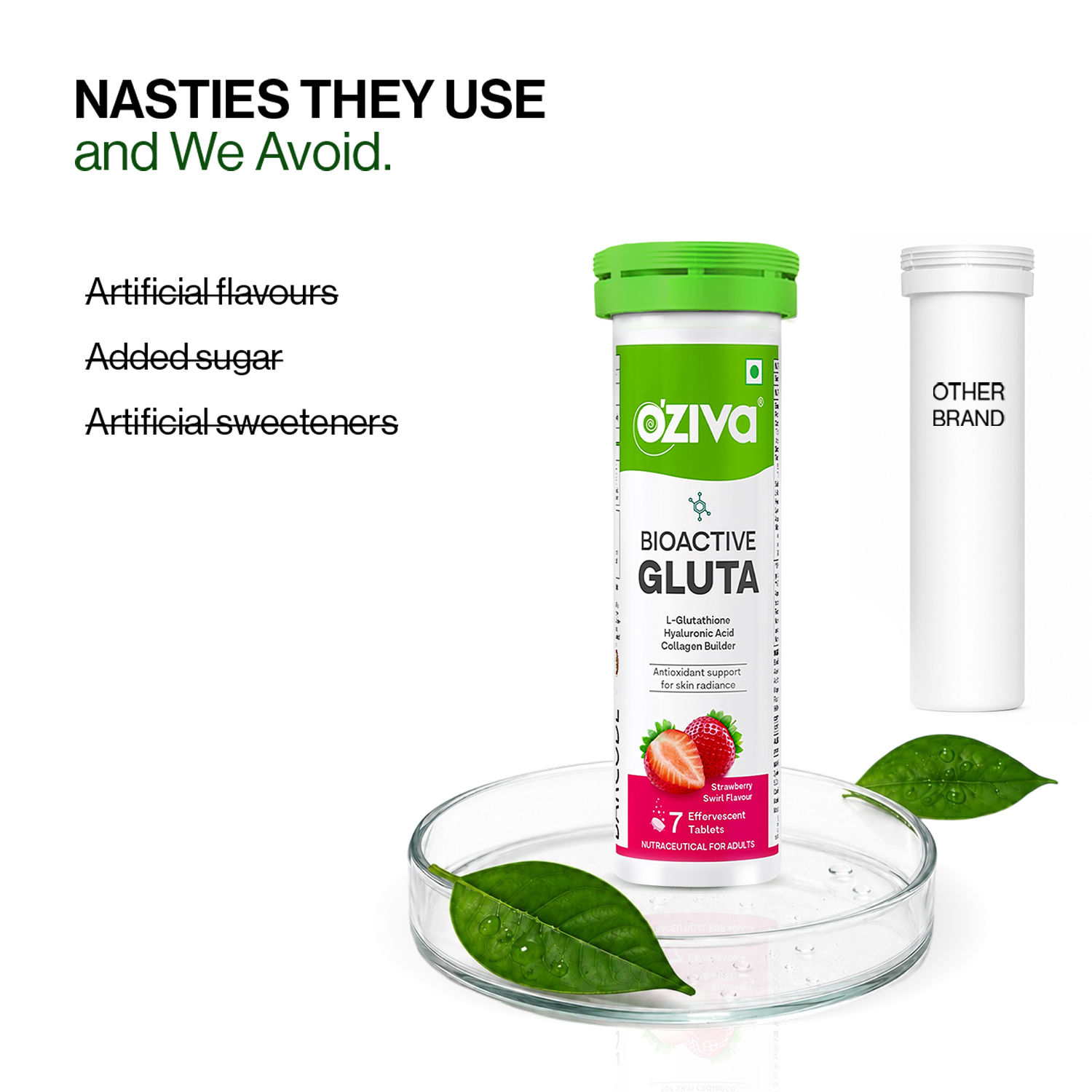 Buy OZiva Bioactive Gluta Fizzy ( L-Glutathione, Asthaxanthin) to Reduce Cellular Damage - Strawberry Swirl tablets Pack Of 1 (7 pc) Online