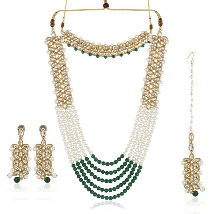 karatcart 22k goldplated pearl and green kundan rani haar necklace for women
