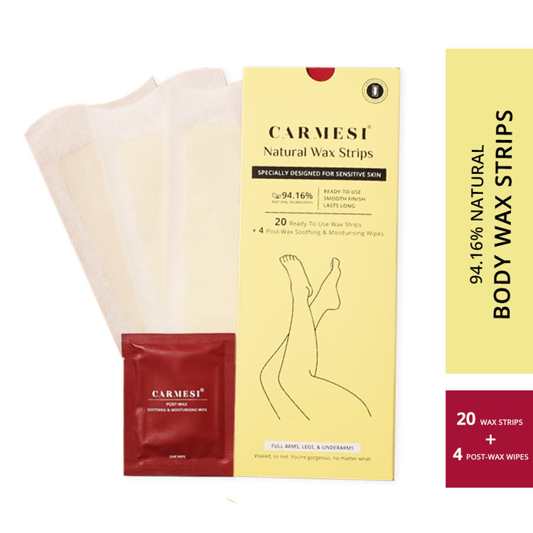 Carmesi Natural Body Wax Strips (Gentle on All Skin Types - 94.16% Natural) - 20 Wax Strips + 4 Post-Wax Wipes