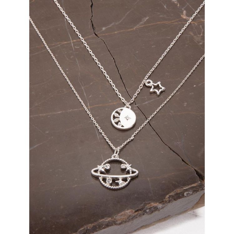 New Silver Tone Planet Saturn Necklace & Earrings Set
