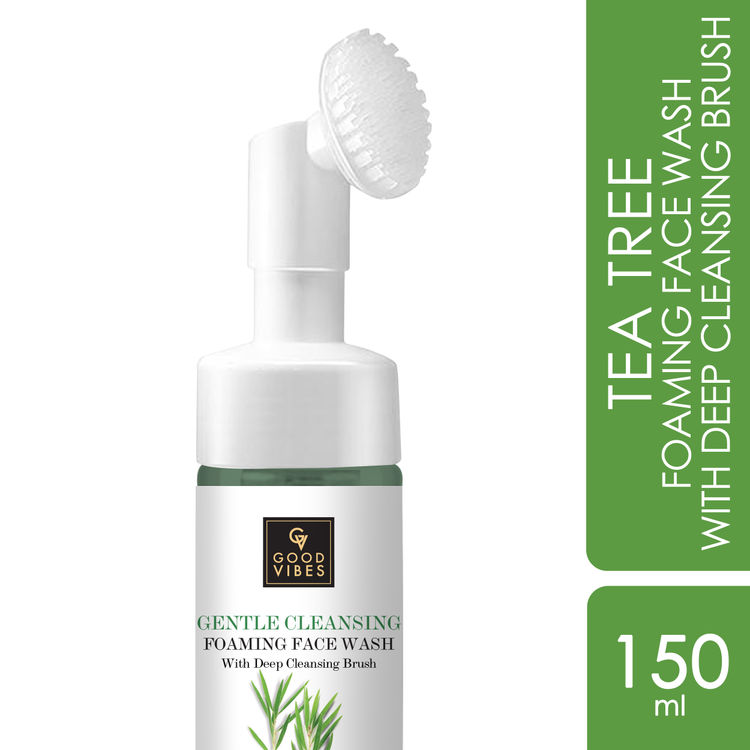 Buy Good Vibes Tea Tree Foaming Gentle Cleansing Face Wash With Deep Cleansing Brush | Soothing, Anti-Acne | No Parabens, No Sulphates, No Mineral Oil, No Animal Testing (150 ml) - Purplle